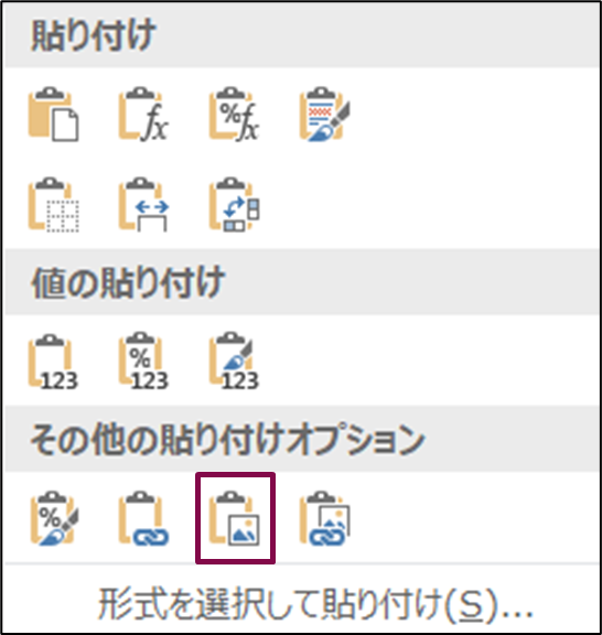 コピペや移動の時に使用する貼り付けオプションの一覧の画像（「図」ボタンに印がついている）