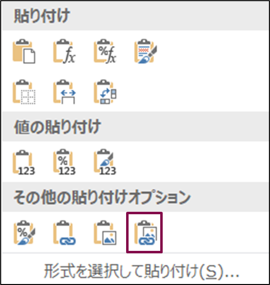 コピペや移動の時に使用する貼り付けオプション一覧の画像「リンクされた図」に印がある