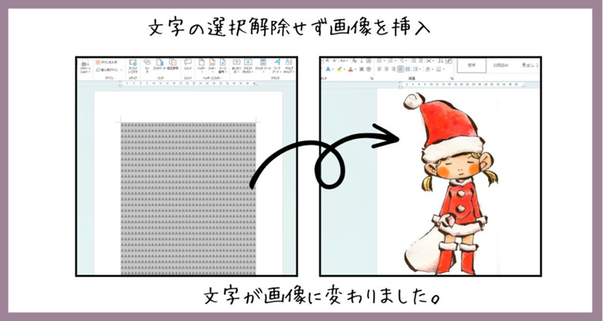 文字の選択を解除せず画像を挿入すると文字が画像に変わった説明をする画像