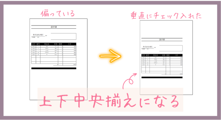 偏っている表に垂直にチェックを入れたら上下中央揃えになる