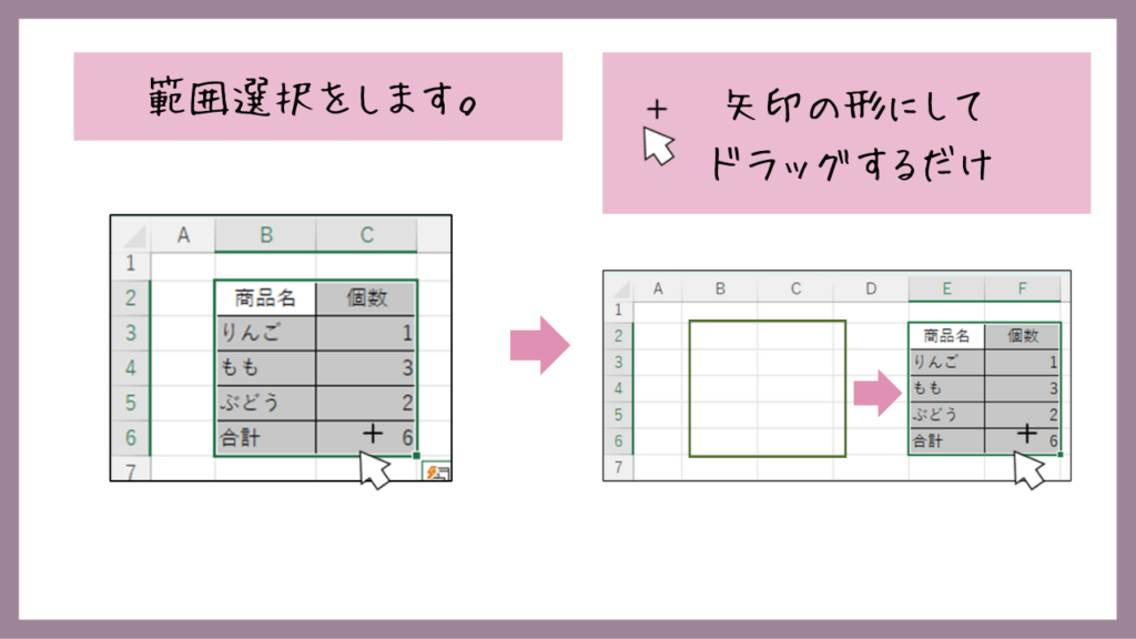 範囲選択をします。
矢印の形にしてドラッグするだけ