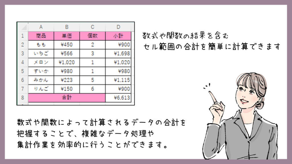 数式や関数の結果を含むセル範囲の合計を簡単に計算できます。数式や関数によって計算されるデータの合計を把握することで、複雑なデータ処理や集計作業を効率的に行うことができます。