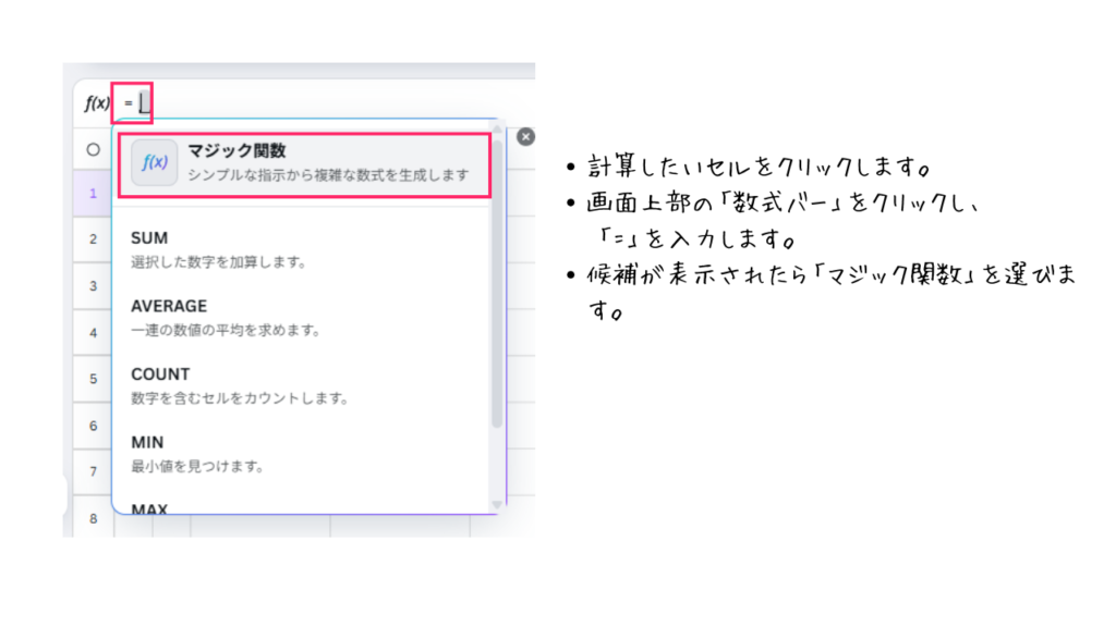 計算したいセルをクリックします。
画面上部の「数式バー」をクリックし、
「=」を入力します。
候補が表示されたら「マジック関数」を選びます。