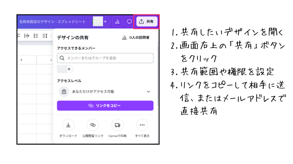 共有したいデザインを開く
画面右上の「共有」ボタンをクリック
共有範囲や権限を設定
リンクをコピーして相手に送信、またはメールアドレスで直接共有