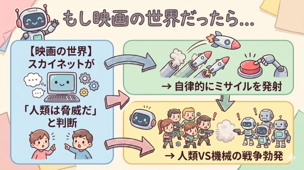 もし映画の世界だったら…【映画の世界】スカイネットが「人類は脅威だ」と判断 → 自律的にミサイルを発射 → 人類VS機械の戦争勃発