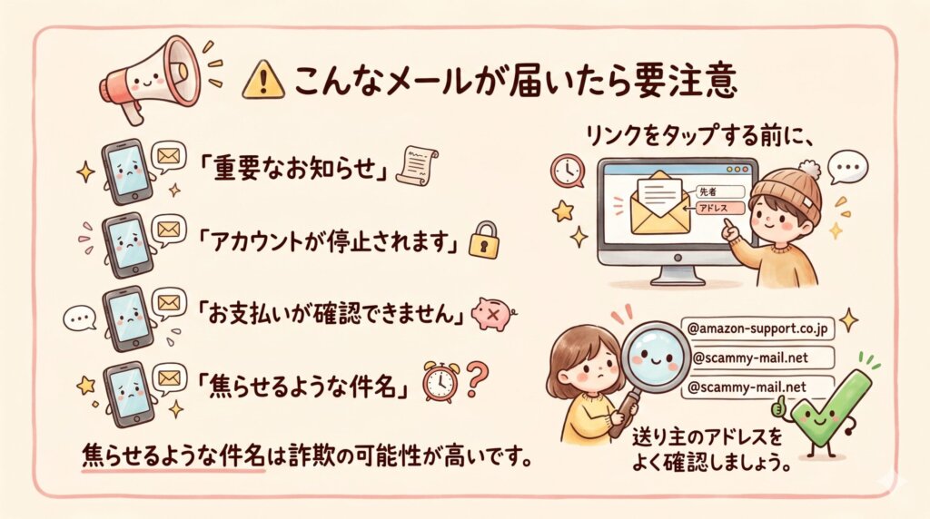 こんなメールが届いたら要注意
「重要なお知らせ」「アカウントが停止されます」「お支払いが確認できません」など、焦らせるような件名のメールは詐欺の可能性が高いです。リンクをタップする前に、送り主のアドレスをよく確認しましょう。