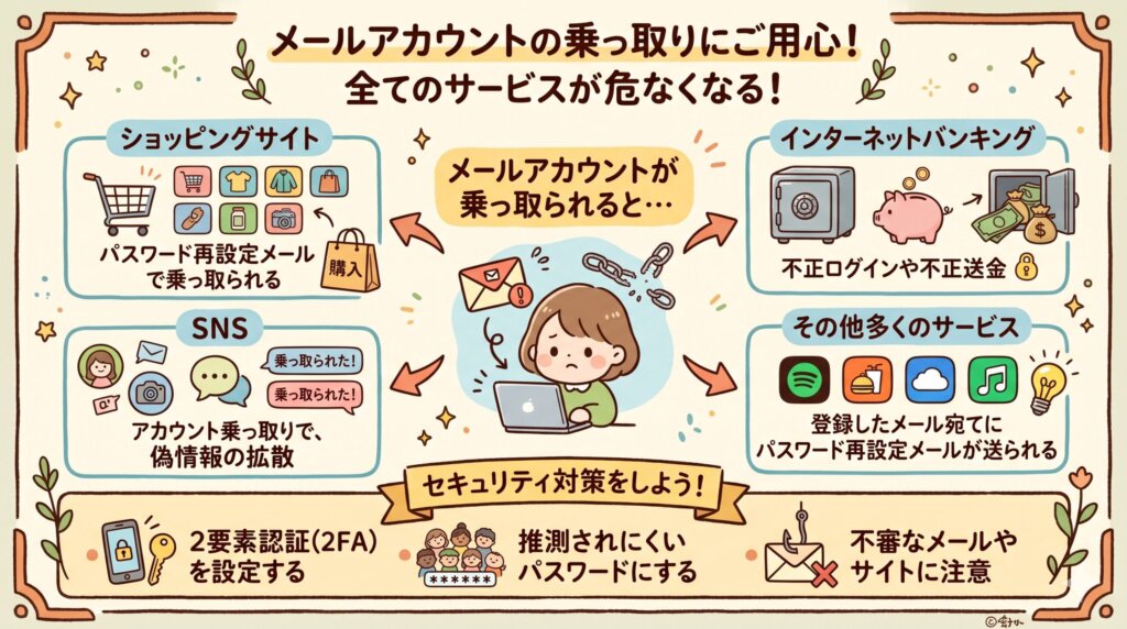  わかりやすく言うと…
メールアドレスは「すべての鍵を管理するマスターキー」のようなものです。これを奪われると、そこから芋づる式に全部のサービスが危険にさらされます。だからこそ、メールのセキュリティはとても重要なんです。