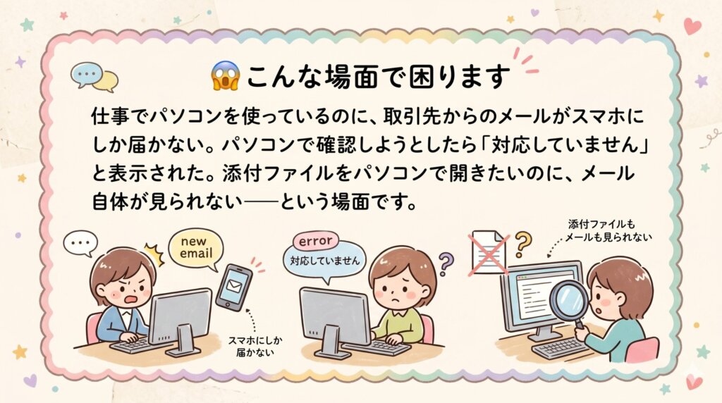 こんな場面で困ります
仕事でパソコンを使っているのに、取引先からのメールがスマホにしか届かない。パソコンで確認しようとしたら「対応していません」と表示された。添付ファイルをパソコンで開きたいのに、メール自体が見られない――という場面です。