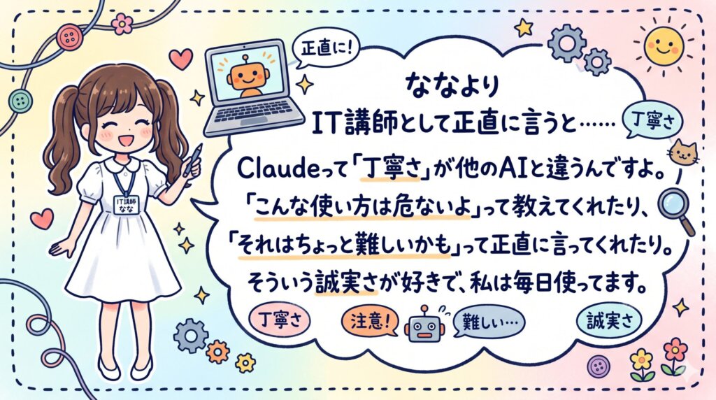IT講師として正直に言うと……Claudeって「丁寧さ」が他のAIと違うんですよ。「こんな使い方は危ないよ」って教えてくれたり、「それはちょっと難しいかも」って正直に言ってくれたり。そういう誠実さが好きで、私は毎日使ってます。