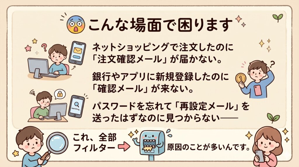 ネットショッピングで注文したのに「注文確認メール」が届かない。銀行やアプリに新規登録したのに「確認メール」が来ない。パスワードを忘れて「再設定メール」を送ったはずなのに見つからない――これ、全部フィルターが原因のことが多いんです