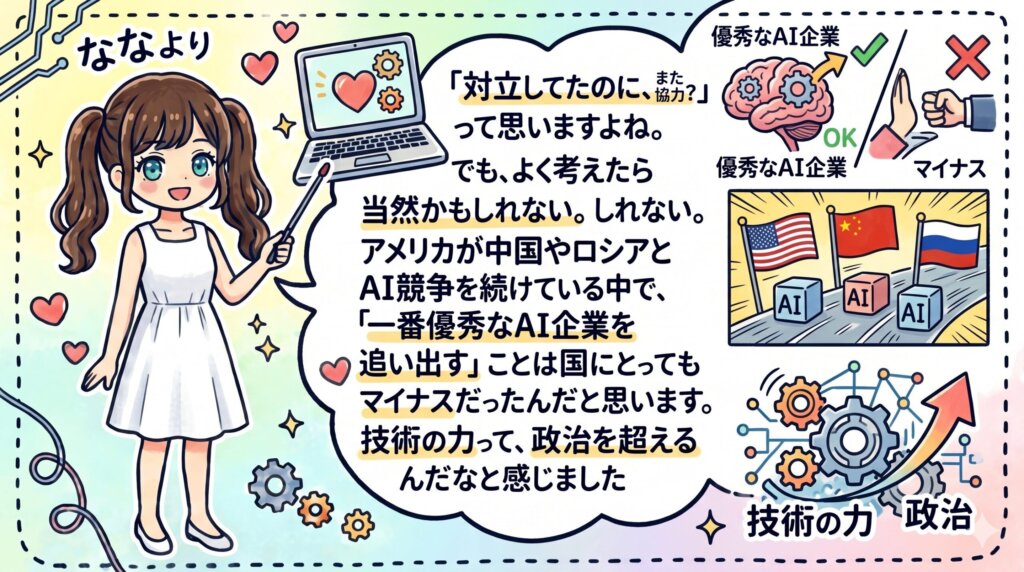 ななより
「対立してたのに、また協力？」って思いますよね。
でも、よく考えたら当然かもしれない。
アメリカが中国やロシアとAI競争を続けている中で、「一番優秀なAI企業を追い出す」ことは国にとってもマイナスだったんだと思います。
技術の力って、政治を超えるんだなと感じました