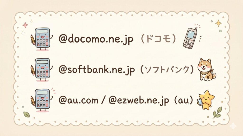 ＠docomo.ne.jp（ドコモ）
＠softbank.ne.jp（ソフトバンク）
＠au.com ／ ＠ezweb.ne.jp（au）