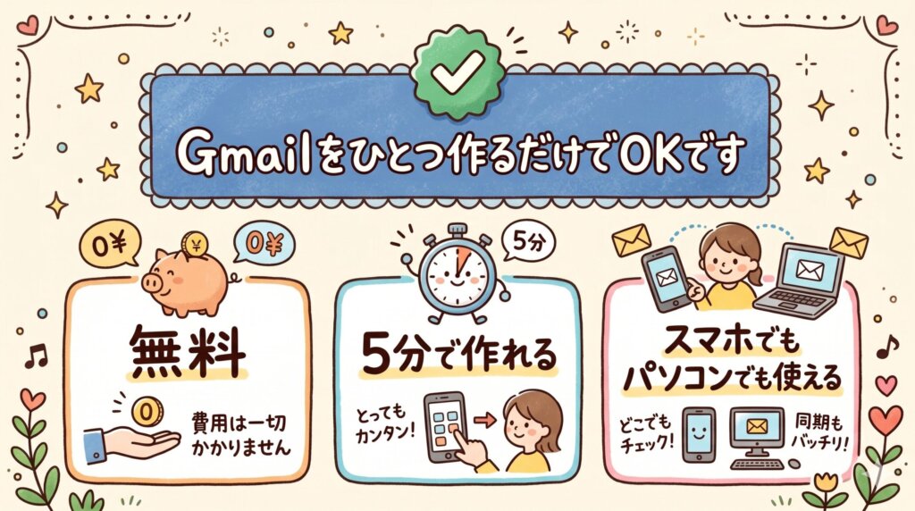 Gmailを一つ作るだけでOKです。
