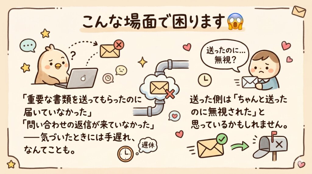  こんな場面で困ります
「重要な書類を送ってもらったのに届いていなかった」「問い合わせの返信が来ていなかった」――気づいたときには手遅れ、なんてことも。送った側は「ちゃんと送ったのに無視された」と思っているかもしれません