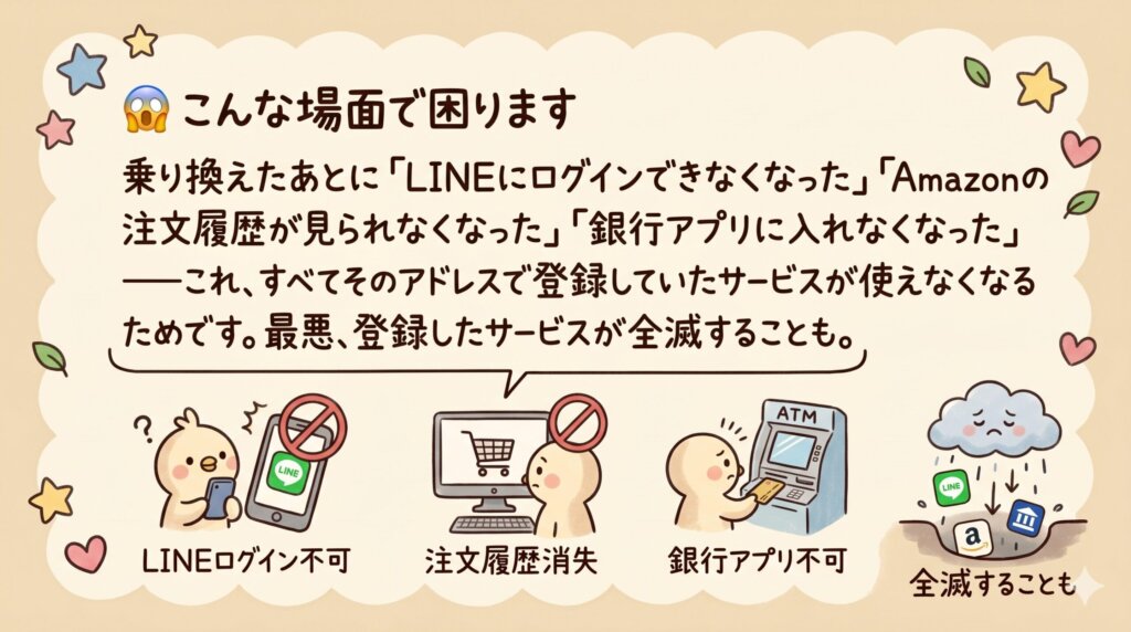 こんな場面で困ります。乗り換えたあとに「LINEにログインできなくなった」「Amazonの注文履歴が見られなくなった」「銀行アプリに入れなくなった」――これ、すべてそのアドレスで登録していたサービスが使えなくなるためです。最悪、登録したサービスが全滅することも。